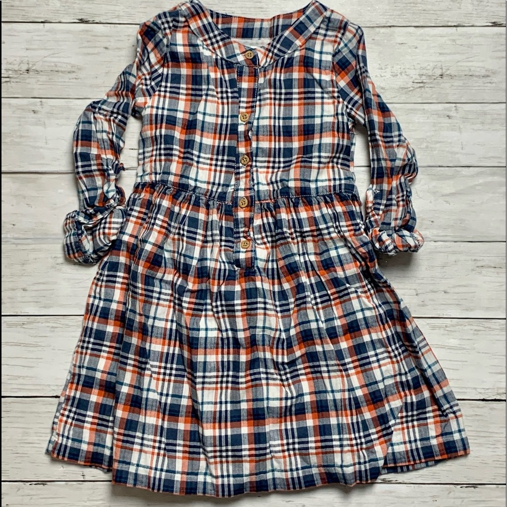 Girls Navy Blue Orange Plaid Dress Sz 4T